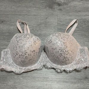 Gray and silver lace underwire bra